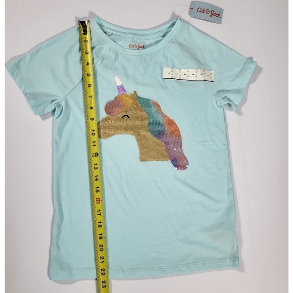 Cat & Jack Girls' Sequin Unicorn Shirt Short Sleeve Top Blue Size L - Picture 4 of 6